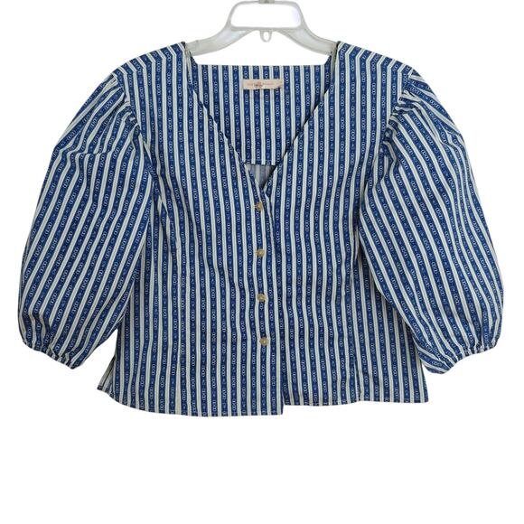 Tory Burch Gemini Link Button Front Top Size 12 Blue Stripes Cotton Puff Sleeves - Picture 2 of 14